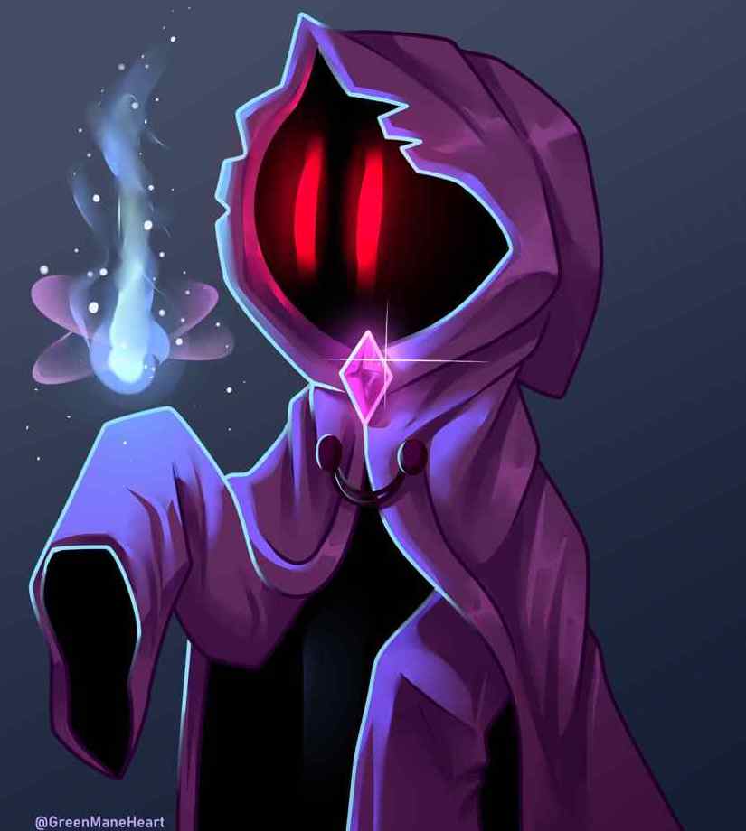 A dark creature on a purple robe looking inquisitively at a floating magic light.